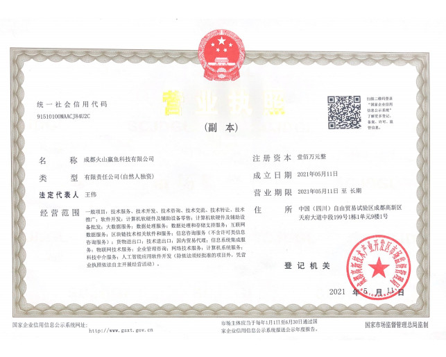 China chengdu huoshanluoyu technology Co.,Ltd. Certification
